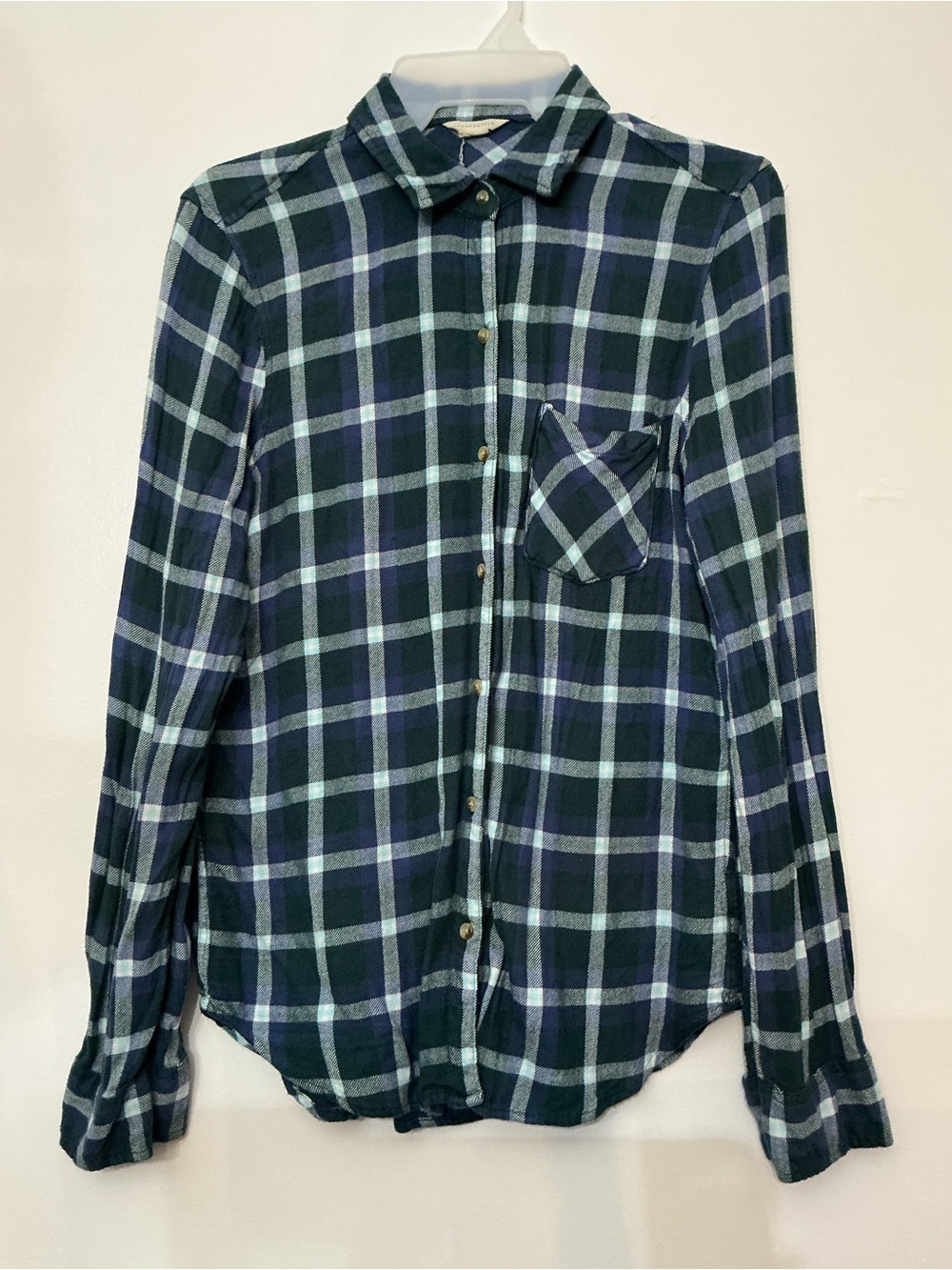 Aeropostale Navy and Green Plaid Shirt with Light Blue Accents